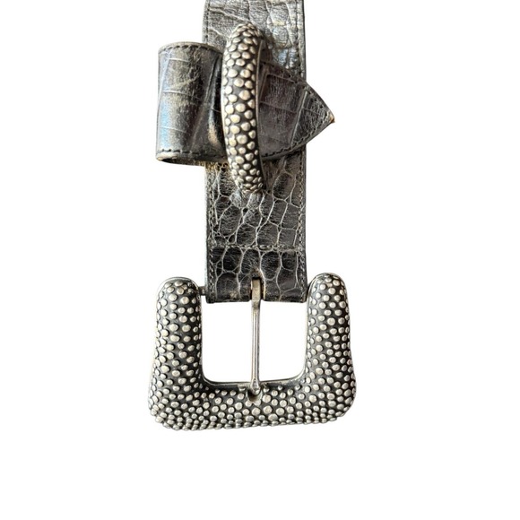 Oversized Vintage Vicenza Italian Calfskin Belt Black Silver Textured Buckle 38" - Picture 3 of 11